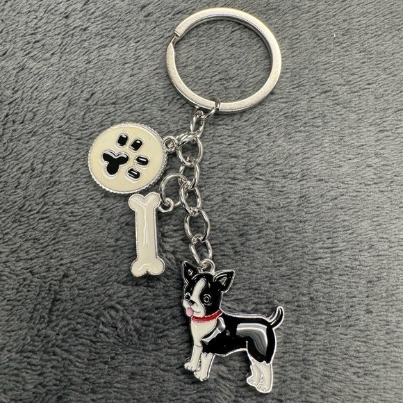 Boston Terrier Dog Bone Paw Charm Puppy Keychain Silver Plated Pet Lover Gift - Picture 1 of 6